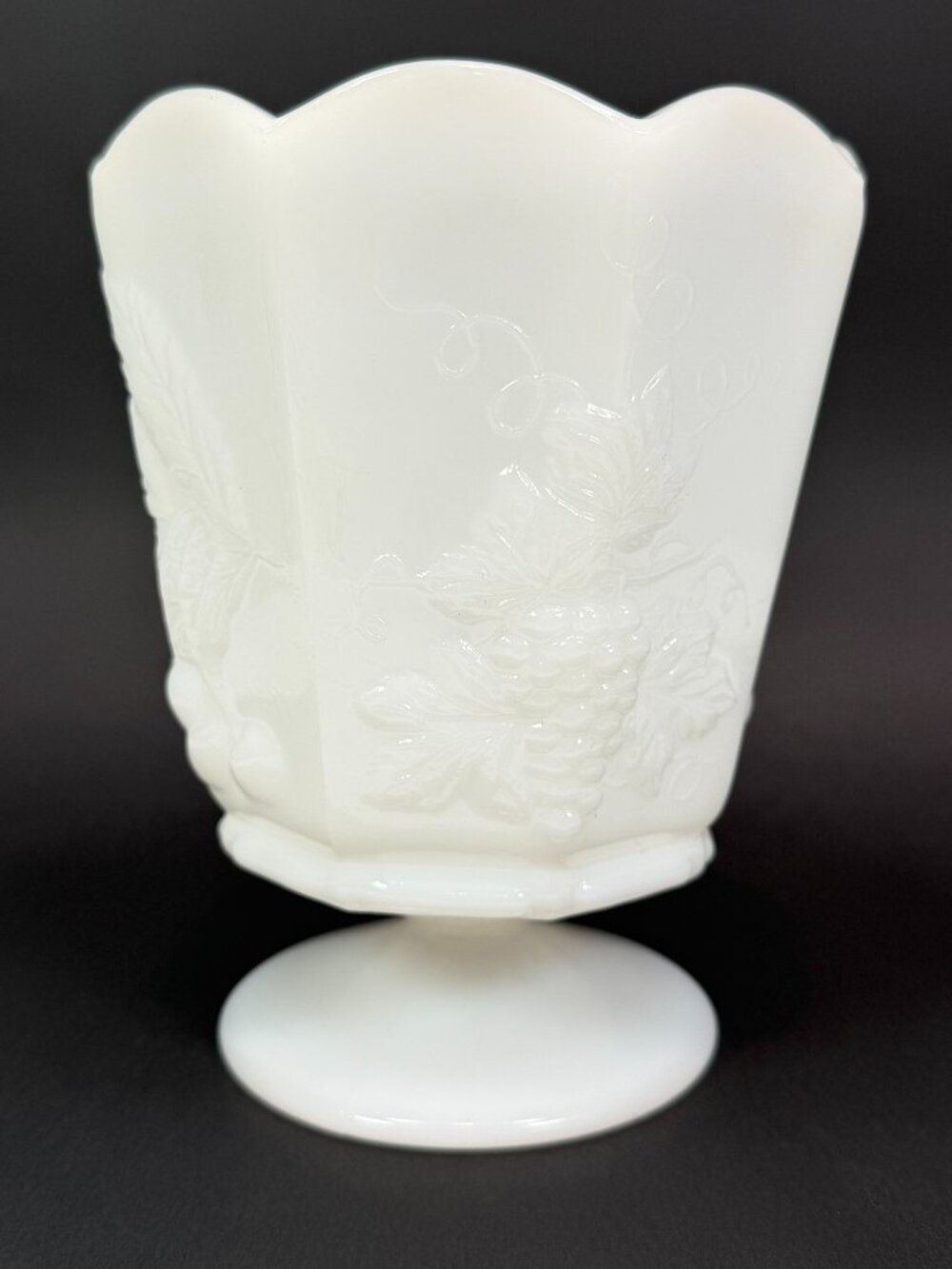 Vintage E.O. Brody Milk Glass Grape Vine Pedestal Vase Planter Scalloped USA